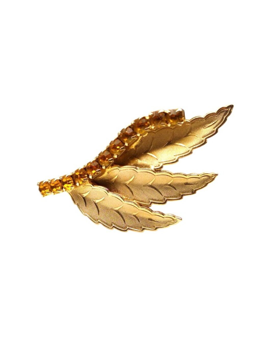 Elegant Vintage Autumn Leaf Brooch, Topaz Colored Crystal Channel with 3 Brushed - Picture 3 of 4